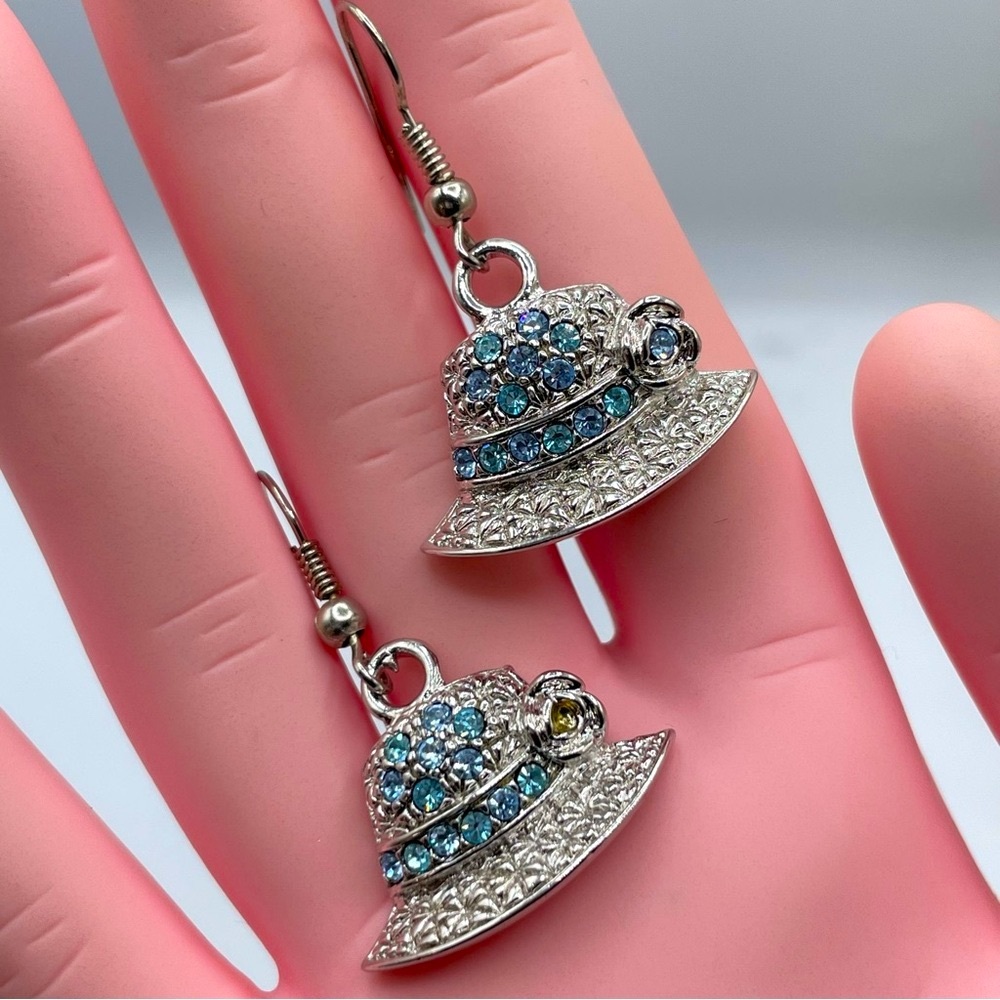 Silver Tone Blue White Rhinestone Hat Dangle Earrings Hook Setting Bling Cute